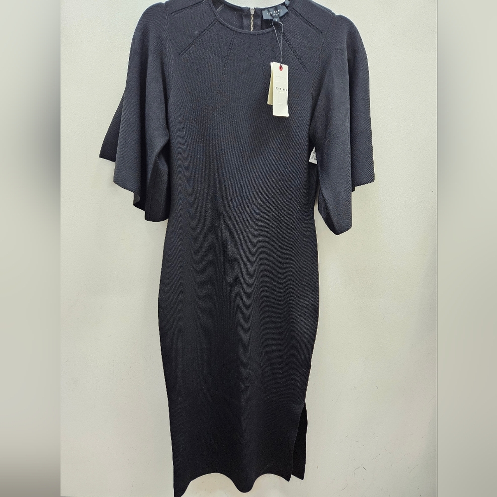 Ted Baker London NWT Black Fluted Sleeve Knitted Bodycon Midi Dress sz 3 (fits M